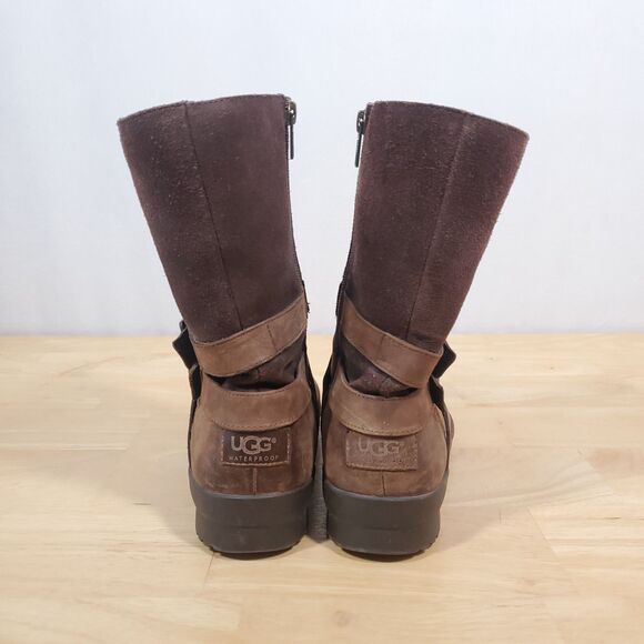 Ugg Lorna Boots Brown Women's Sz 8 Waterproof Biker Bootie Leather Riding-Snow - Picture 5 of 13